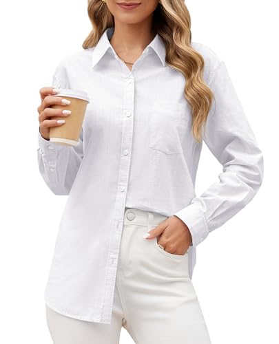 siliteelon Linen Shirts Button Down Shirts for Women Long Sleeve Summer Shirt Casual Beach Work Collared Cotton Linen Tops