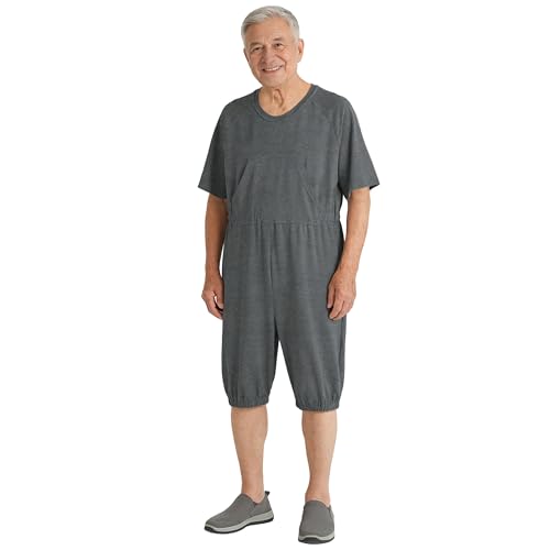 EEOST Adaptive Clothing for Men Anti-Strip Back-Zip Cotton Romper Elderly Care Onesie for Special Needs and Disabilities (Charcoal Grey M)