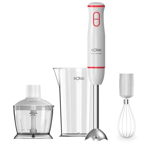 Solac - Batidora de mano 1000W de potencia | Con vaso medidor, picadora y emulsionador | 2 cuchillas de acero inoxdable para purés, cremas y salsas | Apto para lavavajillas