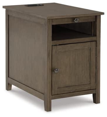 Signature Design by Ashley Treytown Casual Compact Chairside End Table with a Storage Cabinet, Open Cubby Shelf, Pull-Out Tray & USB Charging Ports, Grayish Brown