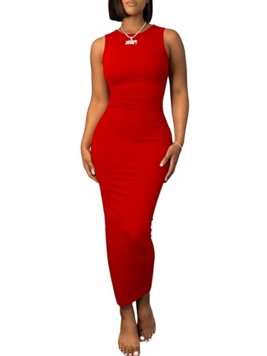 Image of Ulovmi Women's Maxi Bodycon Summer Dress Long Formal Ruched Sundress Elegant Casual Tank Sleeveless Dress Party Cocktail