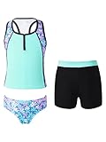 TiaoBug Mädchen Badeanzug 3pcs Tankini Bikini Sets - Badeshirt Oberteil + Badehose + Biniki Slip Shorts Kinder Schwimmanzug Badebekleidung gr. 92-152 Türkis C 134-140