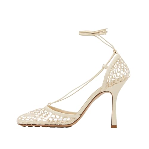 Olomisa Mesh Heels for Women - Wrap-up Heels with Square Toe & Strappy Fishnet Design