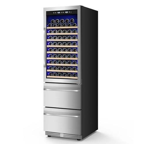 Image of 24 Inch Wine and Beverage Refrigerator, 2 IN 1 Dual Zone Drawer Beverage Fridge Wine Cooler, Built-in or Freestanding Beverage Cooler with Powerful Compressor, Holds 108 Bottles and 150 Cans