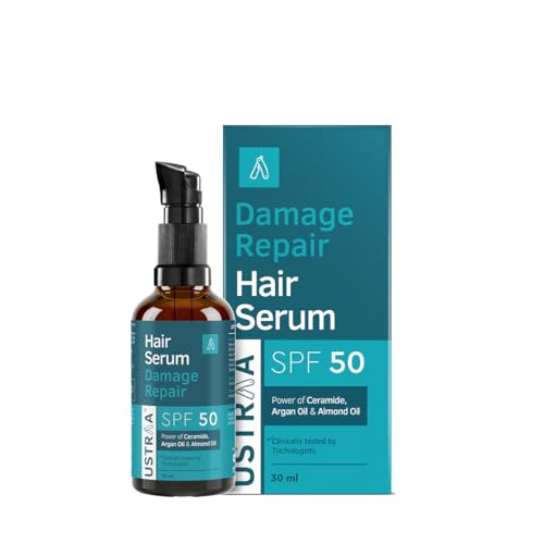Image of Ustraa Damage Repair Hair Serum SPF 50 for Men - 30 ml | Protects Hair from Sun Damage & Frizz | With Ceramide, Argan Oil & Almond Oil | Smooth, Shiny & Healthy Looking Hair