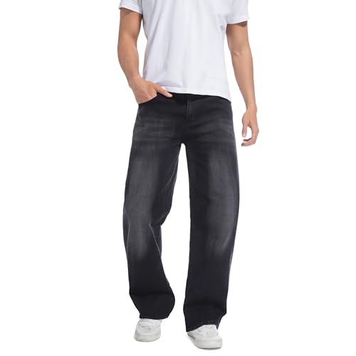 QIMYUM Men's Wide-Leg Baggy Flex Jeans Relaxed Loose Fit Long Denim Pants