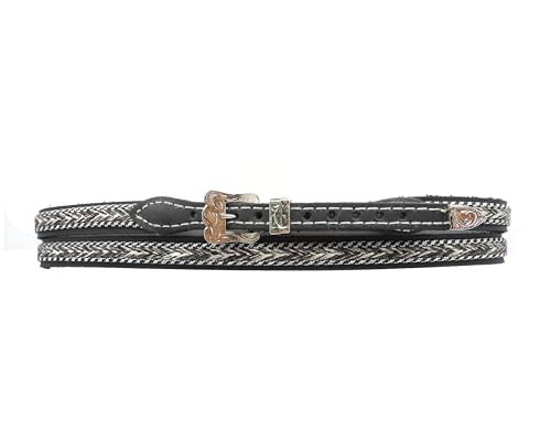 Black Horsehair Hatband with Genuine Leather Tabs, Contrast Stitch and