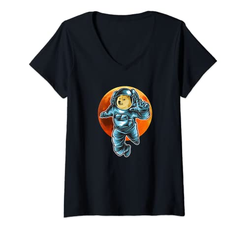 Donna Dogecoin to the Moon Astronaut Tee, Doge Space Suite Crypto Maglietta con Collo a V