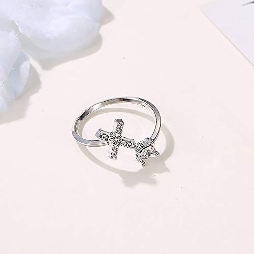 Image of HUJUON Silver Initial Letter Ring for Women. Adjustable Crystal Alphabet Ring,Name Initials Stackable Knuckle Rings A-Z CZ Open Ring