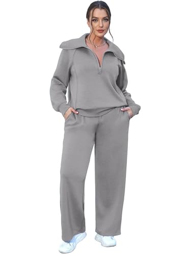 Woolicity Women's 2 Piece Outfits Half Zip Long Sleeve Sweatsuits Sets Wide Leg Sweatpant Tracksuit with Pockets4