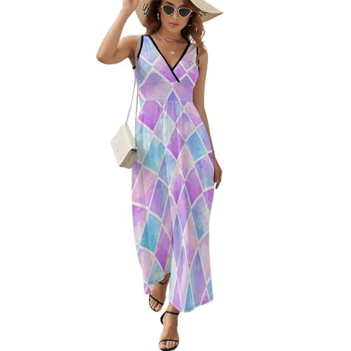 Robe Longue D'été sans Manches pour Femme | Robe Maxi Col V Décontractée Losange Rose