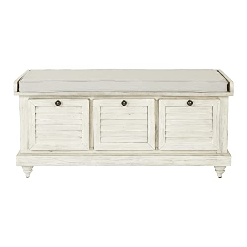 OSP Home Furnishings Dover Coastal Lift-Top Storage Bench with Shutter Face Styling, White Wash Finish with Off-White Fabric Cushion