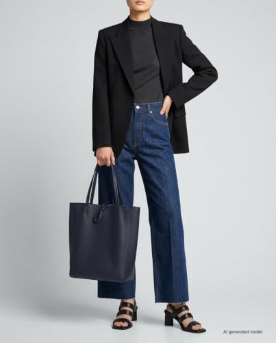 Image of Genuine Italian Leather Tote Bag for Women, Large Slouchy Purse, Dark Blue | Unstructured bag, raw unlined interior with zip pocket, top zipper, side ties, folds flat, fits a 16-inch laptop, lightweight
