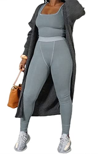 Aywa Casual Workout Sets Two Piece Outfits For Women Ribbed Crop Tank Top High Waist Leggings Active Wear (Grey, Large) #TOP2