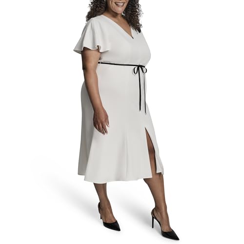 Image of DKNY Women's Short Flutter Sleeve V-Neck Tie Belt Fit and Flare Dress