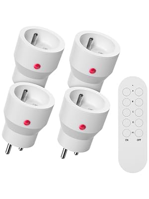 SURNICE Lot de 4 Mini Prises Programmable Telecommande sans Fil, 80M de Distance de Contrôle Dans la Zone Ouverte, Puissance dissipée faible, 2300W, 10A, 1 piles CR2032 gratuite, Blanc