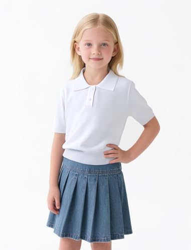 Image of Girls Short Sleeve Polo Shirt V Neck Button Down Shirts Summer Knit School Uniform Crop Tops