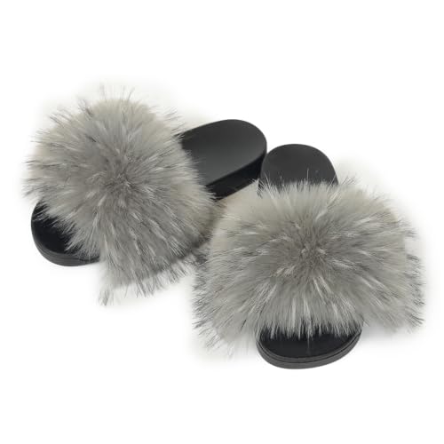 Image of Women's Faux Fur Slides Slippers Fluffy Fuzzy Sandals Open Toe Furry Slide Flip Flop Indoor Outdoor
