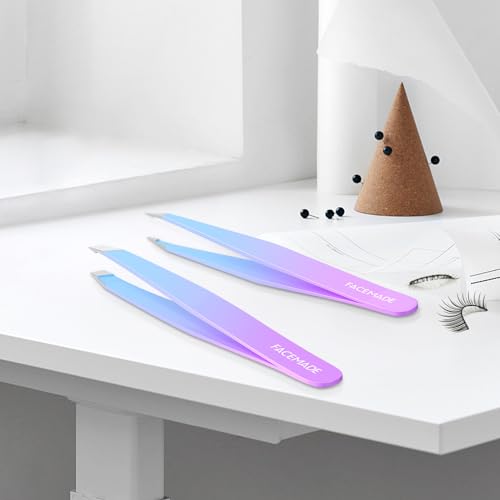 FACEMADE 2 Pack Tweezers Set - Professional Stainless Steel Tweezers for Men and Women, Precision Eyebrow Tweezers for Facial Hair, Chin, and Ingrown Hair Removal (Blue&Purple)