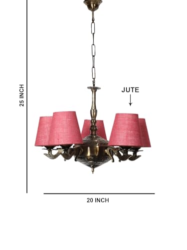 Image of Devansh 05 Lights Pink Jute conical Shade with Antique Golden Chandelier