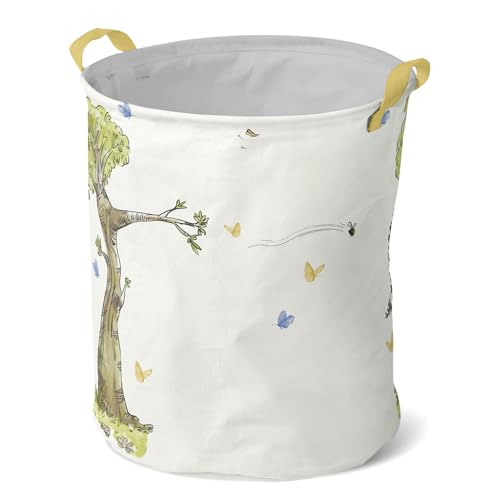 Image of Classic Winnie Nursery Storage Basket Large Barrel Shaped Canvas Laundry Hamper with Waterproof PE Coating Foldable Bathroom and Bedroom Set Clothes Toys Bin (Beige)