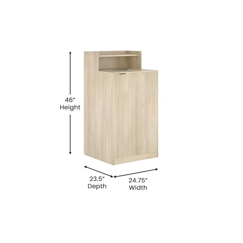 Image of Flash Furniture Dell Trash Can Enclosure with Tray Shelf and 8 inch Drop Hole, Commercial Grade Trash Receptacle for 32 Gallon Round Cans, Swing Door Access, Oak