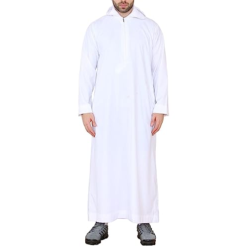 Mens Hooded Thobe Hood Jubba Nehru Stand Collar Islamic Clothing Muslim Kaftan Robe Saudi Slim Regular Fit