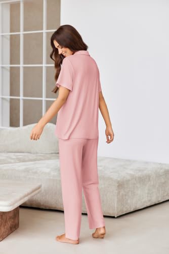 Image of Ekouaer Pajamas for Women Set Button Up Short Sleeve Pjs Sets With Pockets | Soft Womens Sleepwear,V Neck,Notch Collar,2 Piece Classic Loungewear With Long Pant for Sleep,Lounge,Fall