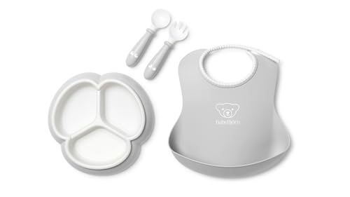 Image of BabyBjorn Mealtime Set, 4 pc, Gray | Includes Plate, Fork, Spoon, and Cup | Dishwasher Safe | Toddler feeding set for self-feeding or led weaning