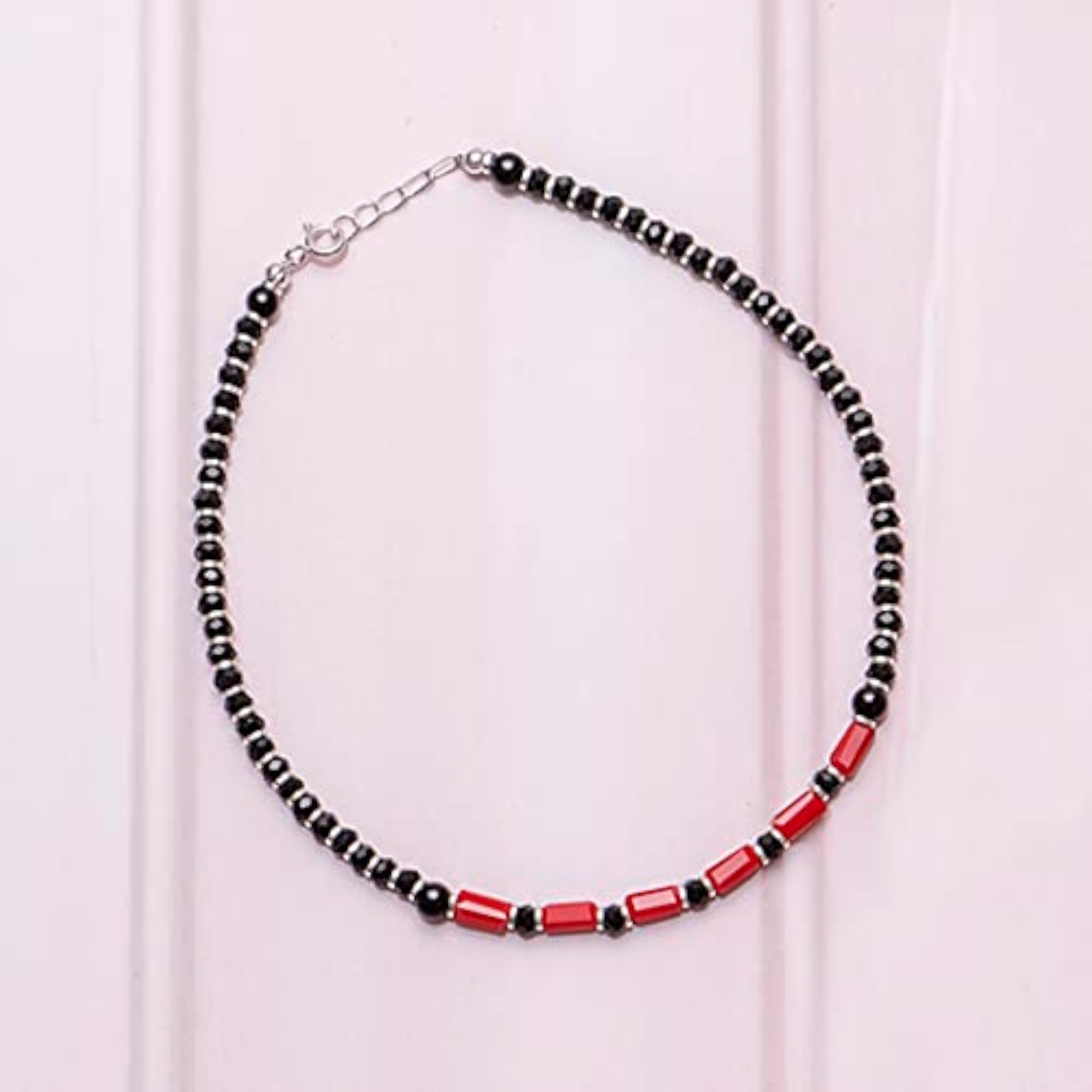 925 Silver Red Beaded Anklet Rhodium Plated Adjustable (Single)