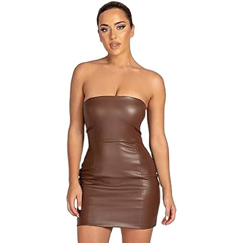XLLAIS Women PU Leather Strapless Tube Mini Dress Sexy Bodycon Party Dresses Streetwear (Brown1, Medium) Cover