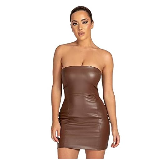 XLLAIS Women PU Leather Strapless Tube Top Minii Dress Bodycon Sexy Party Dresses (Brown1, Small)