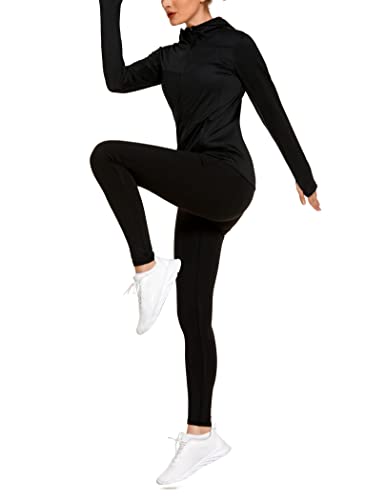 Coorun Women'S Upf 50+ Sun Protection Hoodie Jacket Lightweight Full Zip Running Jacket Athletic Jacket With Thumb Holes Black M thumb #4