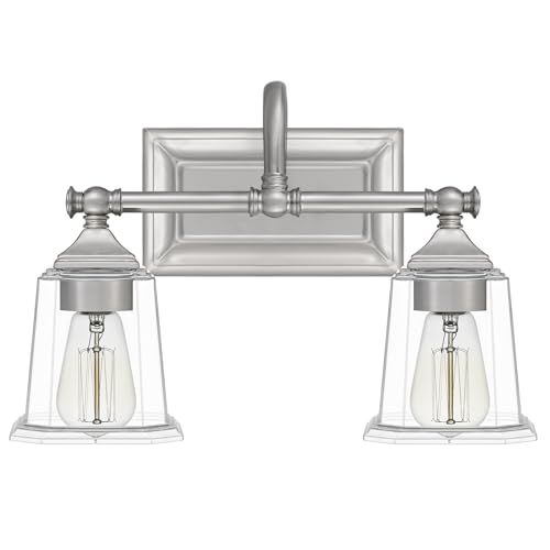 Image of Quoizel Nicholas 15 inch Vanity Light, Brushed Nickel, Clear Glass | 2-Light, Dimmable, Reversible Mounting, ETL Damp Rated