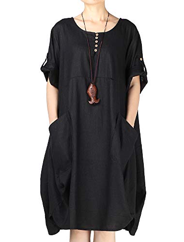 Image of LaovanIn Women's Plus Size Tunic Dress Summer Cotton Linen T Shirt Knee-Length Dresses