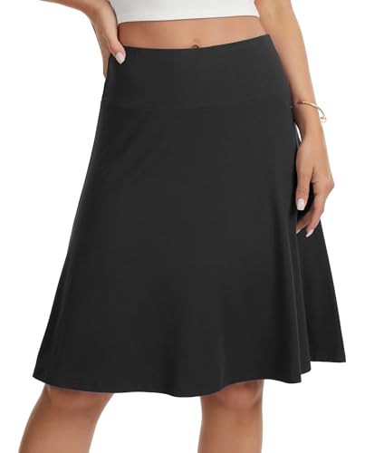 VIISHOW Women's Knee Length Skirt High Waisted Stretchy A-Line Skirt Soft Knit Modest Casual Essential Basic Swing Skirts,Black,X-Large