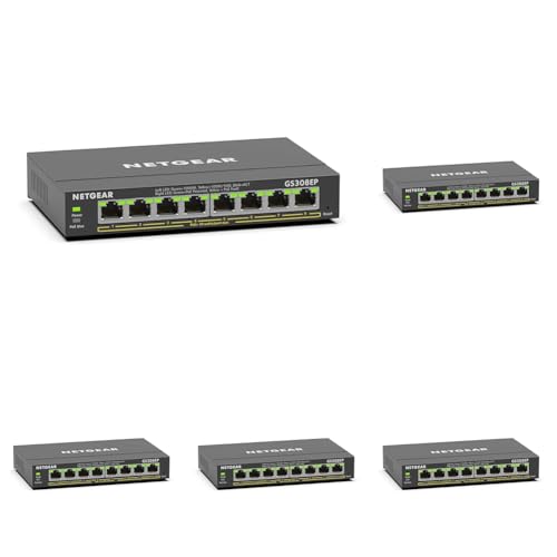NETGEAR Switch Ethernet 8 porte PoE Gigabit Plus GS308EP - con 8 x PoE+ @ 62W - Montaggio a parete o da scrivania (Confezione da 5)