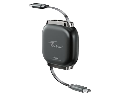 Image of Techie Type-C to Type-C Retractable Cable Black 60W USB-PD Fast Charging 1m Flat TPE Copper Cable for Smartphones, Tablets & Laptops
