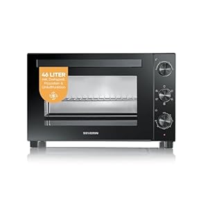 Severin Back- und Toastofen mit Umluftfunktion, inkl. Drehspieß für Fleisch, vielseitiger Heißluftofen mit 46 L Kapazität, Aufbackofen, 100-230 Grad Celsius, Timer 120 Min., 1800 W, schwarz, TO 9025