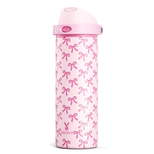 Image of 24 oz Insulated Water Bottle for Women: Meoky Stainless Steel Metal Water Bottle with 2-in-1 Straw and Spout Lid - Leak Proof, Cold for 24 Hours, Protective Silicone Base, BPA-Free for School, Bow