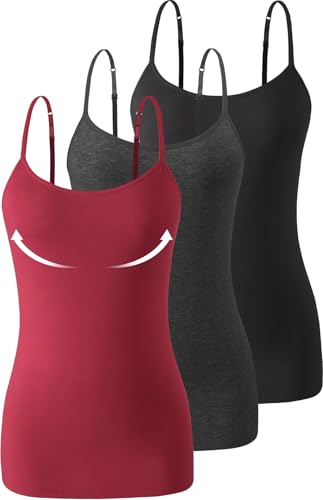 Image of Accbiety 3 Pack Womens Camisole with Built in Bra Adjustable Strap Tank Tops Basic Cotton Undershirt Cami