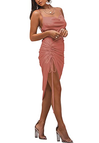 Image of LYANER Women's Satin Spaghetti Straps Cowl Neck Sexy Ruch Cocktail Midi Dresses