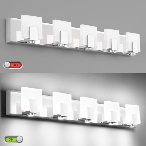 Image of SOLFART Vanity Lights for Mirror LED Modern Gloss Chrome Bathroom Lighting Fixtures Over Mirror Dimmable 5 Lights