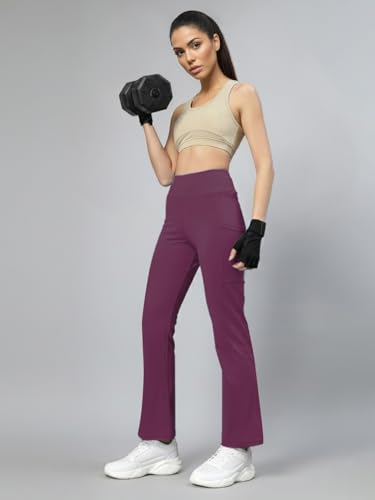 Image of CHKOKKO Gym Pants for Women Workout High Waist Flared Yoga Pants for Woman with Side Pocket Quick Dry Body Fit Stretchable Sports Leggings Trousers Activewear Lower