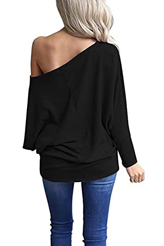 Poetsky Off Shoulder Shirts For Women Dolman Long Sleeve Tops Oversized Blouse Pullover (L, Black) #TOP1