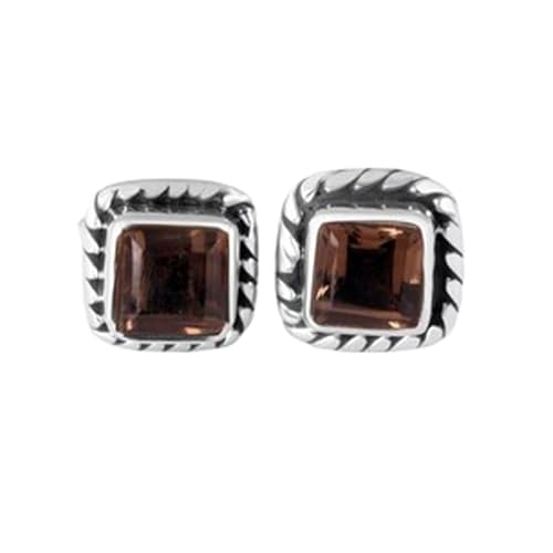 Boucles d'oreilles quartz fumé naturel 7,5mm et argent 925 coussin solitaire WW_VSTD_0777