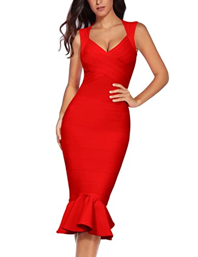 Image of Shoulder Strap Sleeveless Fishtail Midi Bandage Dress for Women Bodycon Club Party Evening Dresses
