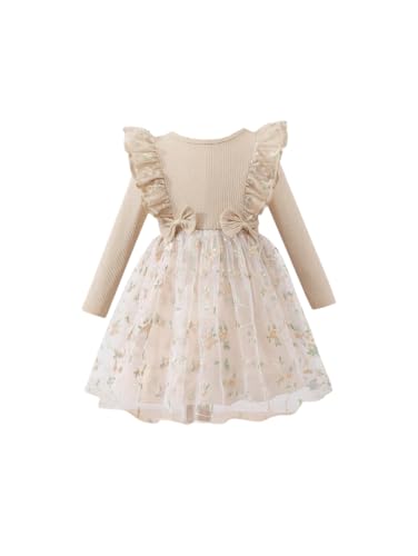 Image of Tagas Girls' Dress|Elegant Beige Baby Girl Dress with Lace Ruffles & Floral Embroidery - Long Sleeve Princess Birthday Party Dress | Comfortable & Stylish Kids Wear| PartFrock for Kids |