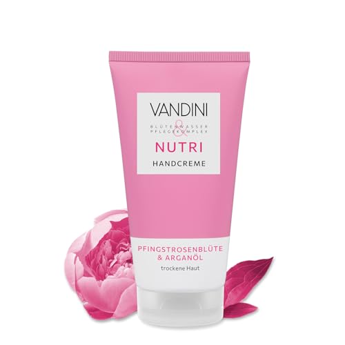 VANDINI NUTRI Crema de manos para mujer, 75 ml, con flor de peonía y aceite de argán, crema de manos para piel seca, vegana, sin parabenos ni siliconas, dermatológicamente probada, fabricada en