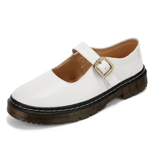 Image of Women's Mary Jane Flat Shoes Comfort Platform Buckle Ankle Strap Flats Breathable Slip On Lightweight Office Work Shoes White,8 US